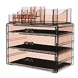 SONGMICS Makeup Organizer 3 Large Drawers Cosmetic Jewelry Storage Display Boxes with 14 Top Compartments 2 Pieces Set Tawny UJMU17T