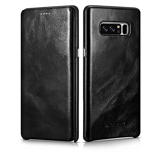 Galaxy Note 8 Leather Case, icarercase Genuine Leather Vintage Series [Magnetic Closure] [Full Body Protection] Curved Edge Slim Fit Ultra-thin Folio Flip Case for Samsung Galaxy Note 8 (Retro Black)