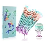 LHEI 11 Pcs Mermaid Makeup Brush Set with Gift Box Professional Eye Makeup Brushes For Eyeshadow Concealer Eyeliner Brow Blending Brush Tool