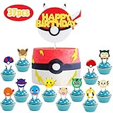 MALLMALL6 37Pcs Pikachu Cupcake Toppers Cake Topper Birthday Party Supplies Cakes Decoration Set Anime Cartoon Trainers Themed Dessert Decorations Video Game Inspired Party Favors for Kids Boys Girls