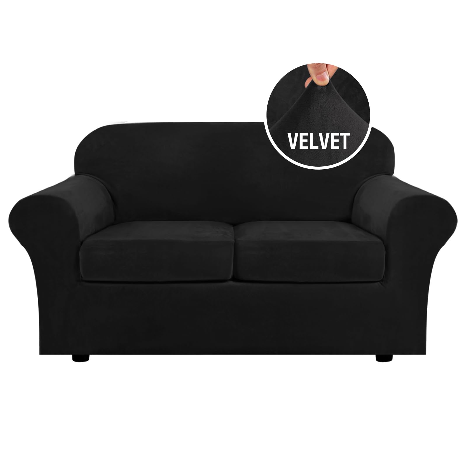 Photo 1 of H.VERSAILTEX Real Velvet Plush 3 Piece Stretch Sofa Covers Couch Covers for 2 Cushion Couch Loveseat Covers Width Up to 72 Inch Feature Thick Soft Stay in Place (Medium Sofa, Black)