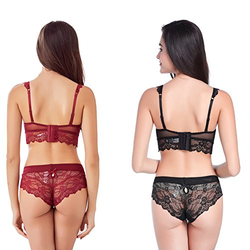 Varsbaby Women's Push Up Embroidery Bras Set Lace Lingerie Bra and Panties, Size 32A, Red and Black