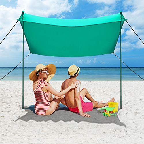 COSTWAY Sonnensegel Sonnenschutz mit 4 Sandsäcken und 2 Alustangen Lycra Sonnendach Strandmuschel für Strand, Camping – Bild 3