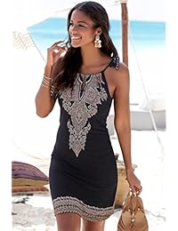 Vestido de dama con cuello halter, estampado bohemio, sin mangas, casual, mini vestido de playa