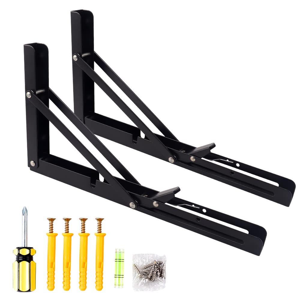 Oudtinx 2PCS Folding Shelf Brackets,Heavy Duty Triangle Shelf Bracket for Bench Table,Wall Mounted Standing Shelf Brackets for Saving Place,Multi Size 12" Black