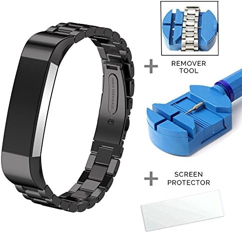 Fitbit Alta HR and Alta Bands, Zenos Premium Replacement Stainless Steel Accessory Band (Black Color Bands + Free Link Remove Tool)