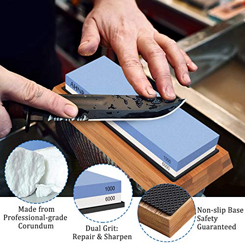 Whetstone Knife Sharpening Stone 2 Side 1000/6000 Grit Whetstone Sharpener Includes NonSlip Bamboo Base, Angle Guide, Polishing Tool for Kitchen, Hunting and Pocket Knives or Blades by AHNR