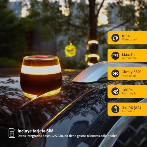 Aogled Luz V16 Conectada DGT 3.0 con Geolocalización,Baliza Emergencia Coche Homologada con SIM y Datos Incluidos 12 Años,Luz Señal V16 Magnética 1km,IP54,con Funda y Pilas