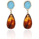 Vintage Amber Teardrop Dangle Earring Lightweight Big Waterdrop Resin Statement Drop Dangling Stud Earrings Retro Antique Holiday Birthday Theme Party Jewelry Gifts for Women