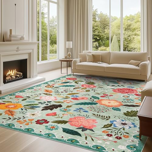 Puremy Groß Vintage Blumenmuster Niedriger Flor Teppich, 240x340cm, Grün