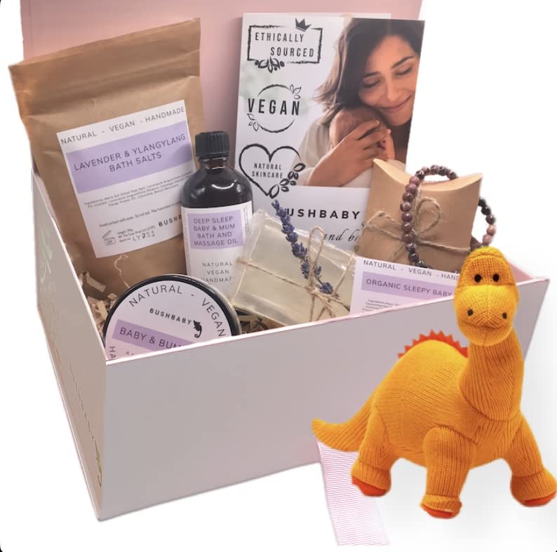 BUSHBABY Natural Vegan Mum and Baby Pamper Kit, Ethically Sourced Pregnancy Gifts for Mum Expecting, New Mummy to be Shower Gift Hamper, Mom Maternity Pampering Present Bundle (Orange Diplodocus)