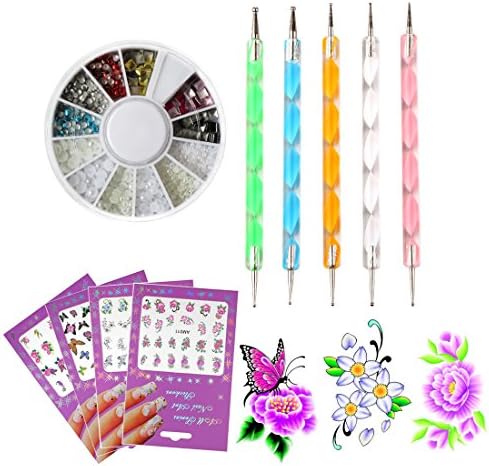 Nail Art Decoration Accessories, Nail Dotting Pen Marbleizing Dotting Tools For Painting, Metal Studs and Pearl Wheel, Water Slide Flower Nails Sticker (SET12A)