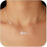925 Sterling Silver Cross Necklace for Women Dainty CZ Horizontal Cross Pendant Necklaces Birthstone Charm Chain for Mom Sideway Crucifix Cross Faith Choker Necklace Valentine's Day Jewelry Gifts