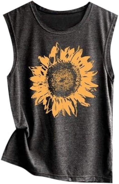 Lelili Women's Sunflower Printed Loose Vest Tops Round Neck Sleeveless T-Shirt Casual Loose Pullover Blouse