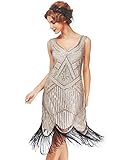 Women's Roaring 20s V-Neck Gatsby Dresses- Vintage Inpired Sequin Beaded Flapper Dresses (XS, Beige)