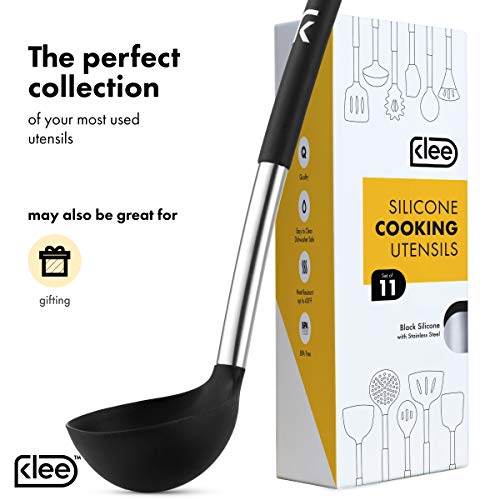 Klee 11-Piece Heat-Resistant Silicone Kitchen Utensil Set with Stainless Steel Handles (Black)