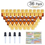 Essential Oil Bottles 2ml (Amber Glass with Golden Lids, 36 Pack, 192 Labels, 4 Droppers by PrettyCare) 5/8 Dram Vial Bottles for Oils, Bottles for Oils, Mixes and Samples