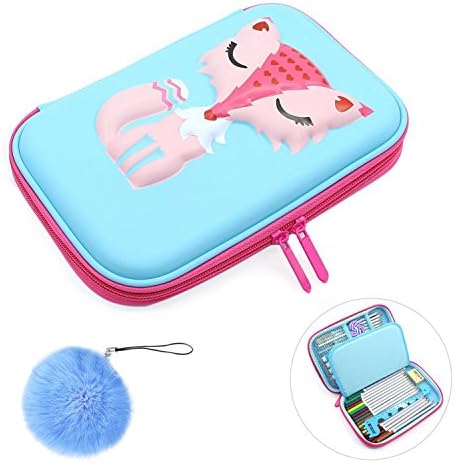 Bpop Pencil Case, Cute Fox EVA Pouch Stationery Box Crayon Organizer Anti-shock Large Capacity Multi-compartment Perfect Gift for Girls, Teens, Students School Kids (Blue)