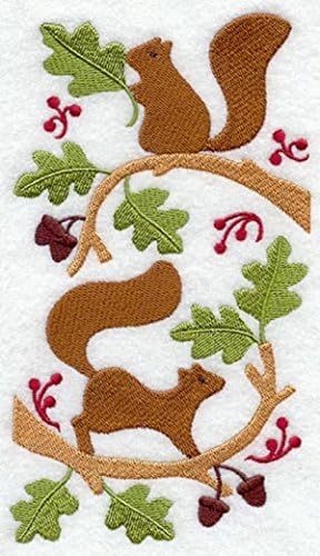 Embroidered Kitchen Towel Fall Oak Tree &amp; Squirrel Design