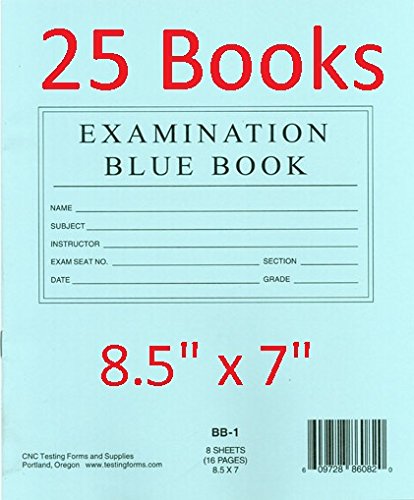 TestingForms.com 8.5" x 7" Examination Blue Book 8 Sheets 16 Pages 25 Booklets