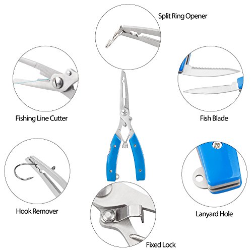 BASUNE Fishing Pliers + Fish Hook Remover, Line Cutter Curved Nose Remove Hook Fishing Tackle Tool with Nylon Sheath Fishing Plyers Fishing Gear Set (Blue) - Thumbnail 4