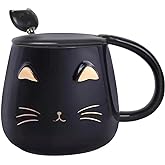 Yuwu Cat Mug Cute Coffee Mug gifts for cat lovers Ceramic Cup, Novelty Mug with Lid and Stainless Steel Spoon, Christmas Birthday Gifts Present for kids Women Girls (Black)