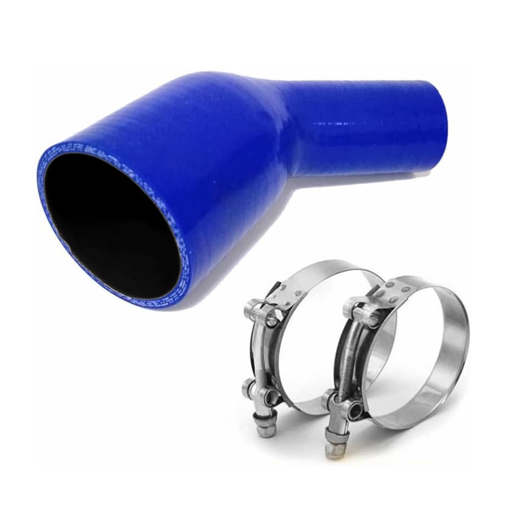 Photo 1 of AotoKoop 1.5"-2.5" ID (38-63mm) 45 Deg Silicone Reducer Coupler, 4" (102mm) Long Leg for Radiator Coolant, 4-Ply Reinforced with 2 T-Bolt Clamps, Blue