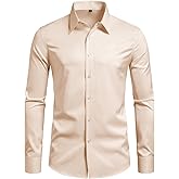 Lasjixion Mens Slim Fit Dress Shirts Wrinkle Free Formal Wedding Long Sleeve Button Down Shirts