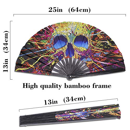 SYNTECSO Folding Hand Fan for Rave, Large Bamboo Fan for Women and Men Giftï¼ŒChinese Japanese Clack Fan for Parties, Music Festivals, Drag Race and Decoration (Sugar Skull)