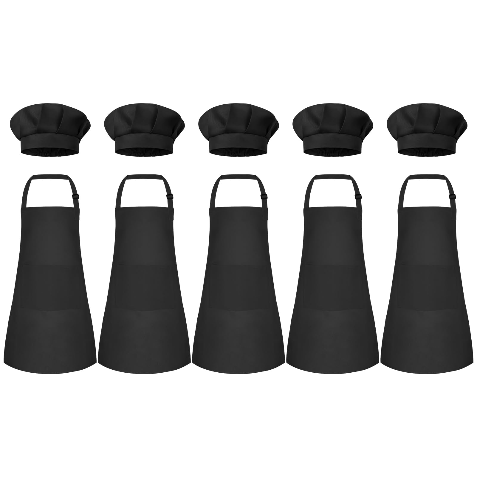Photo 1 of Bouiexye 5 Set Kids Apron and Chef Hat Set Children Apron Adjustable with 2 Pockets Children Chef Painting for Cooking Baking Painting Crafts Making (Black