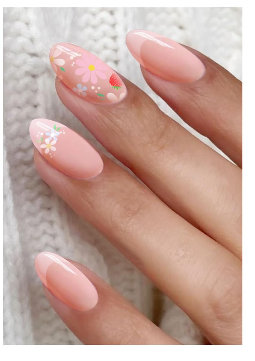 JMEOWIO Gel Nail Stickers Flower Strawberry French Tip Semi Cured Gel Nail Strips Wraps UV/LED Nails Art Design Decoration Accessories