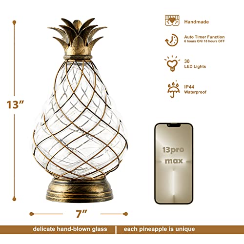 MOZEAL Extra Large Glass Pineapple Light,13 in Lantern Decorative,IP44 Waterproof,6 Hours Timer