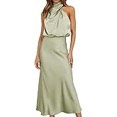 Women Sleeveless Mock Neck Cocktail Dresses Elastic Waist Party Wedding Guest Dress Satin High Split Maxi Evening Dress
