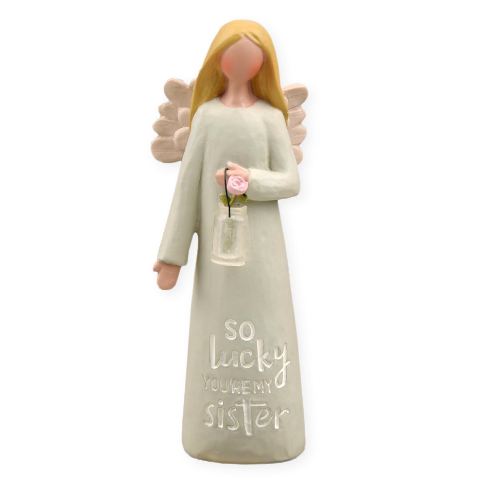 Feather & Grace Angel Hand Painted Resin Decorative Figurine Holidng Flower Jar Resin with So Lucky You're My Sister Message | Pefect Decortation for Living Room, Bookshelf, Desk