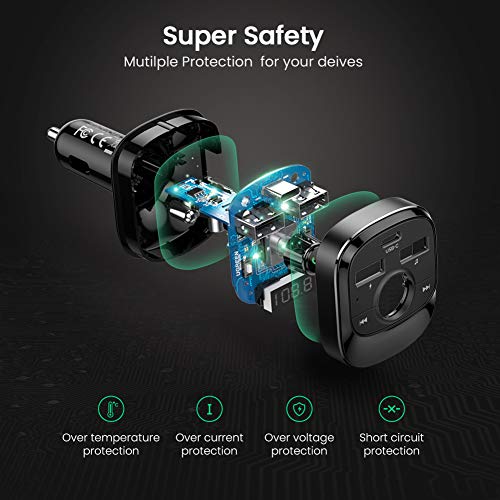UGREEN Car Bluetooth FM Transmitter, QC3.0 and USB C PD 18W Radio Adapter Car Kit with 3 USB