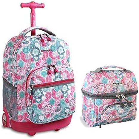 J World Combo Rolling Backpack Lunch Bag Back To School Bundle Set Sunrise Pink Buttons Corey