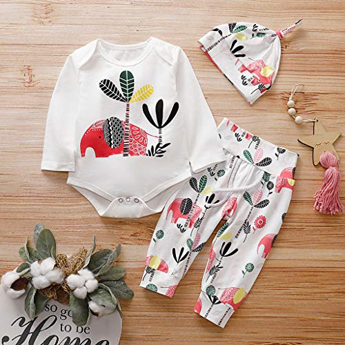 Little Story 0-24M Children's Long-Sleeved Cartoon Elephant Print Hakama + Animal Print Trousers + hat Set Toddler Kid Baby White - Thumbnail 2