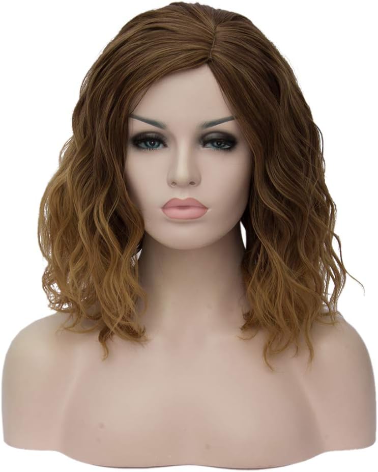 TopWigy Women Cosplay Brown Wigs, Medium Length Curly Body Wave Colorful Heat Resistant Hair Wigs Halloween Costume Party Bob Wig (Ombre Brown to Light Brown, 14")