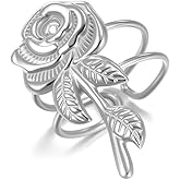 Cykdohy Stainless Steel Rose Flower Leaf Open Statement Ring for Women Men Adjustable Band Stacking Floral Bouquet Finger Rings Promise Statement Anniversary Wedding Engagement Jewelry Gifts