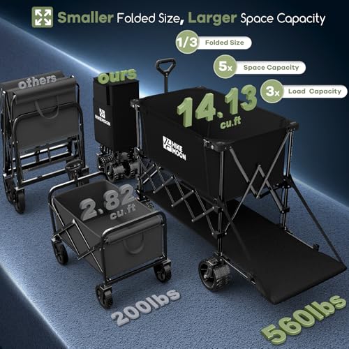 Hikemoon 400L Double Decker Wagon with Tailgate 54'' Extra Long, 560LBS Heavy Duty Wagons Carts Foldable, Big All-Terrain Wheels with Brakes, Utility Folding Cart for Beach, Camping, Sports, Black