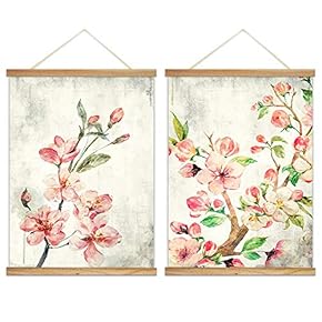 2 Panel Hanging Poster with Wood Frames - Watercolor Painting Style Blooming Pink Flowers - Ready to Hang Decorative Wall Art - 18"x24" x 2 Panels