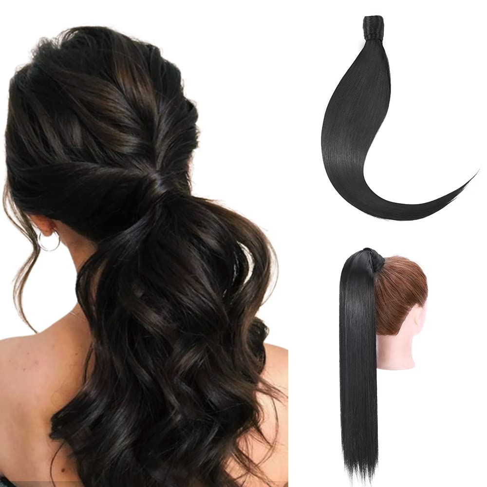 Ponytail Extension Wrap Around Long Straight Curly Clip in Ponytail Hair Extensions for Women Brown Black Blonde Hairpiece 23"-Straight, Natural Black