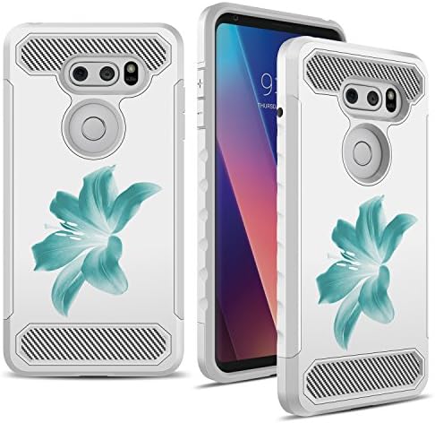 LG V30 Case, MyGotec [Slim Fit] Shockproof Soft Silicone Carbon Fiber Dual-Layer Durable Armor Case - Teal Flower