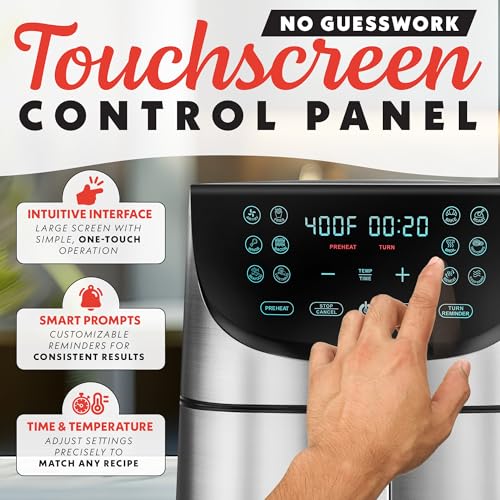 Horno freidora de aire digital Gourmia - 8 QT, tecnología FryForce 360°, 12 preajustes, pantalla táctil, cesta antiadherente XL, apto para lavavajillas, 1700 W, acero inoxidable