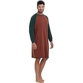 Keyocean Mens Cotton Nightgown Soft Lightweight Long Sleeve Sleepshirt Crew Neck & Pockets Comfortable Lounge Nightwear