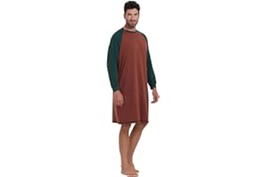 Keyocean Mens Cotton Nightgown Soft Lightweight Long Sleeve Sleepshirt Crew Neck & Pockets Comfortable Lounge Nightwear