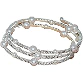 DATOA Sparkling Pearl Rhinestone Multi Layered Stretch Wrap Pearl Bracelet Shiny Vintage Strand Layered Bracelet Gift for Women Brides Wedding