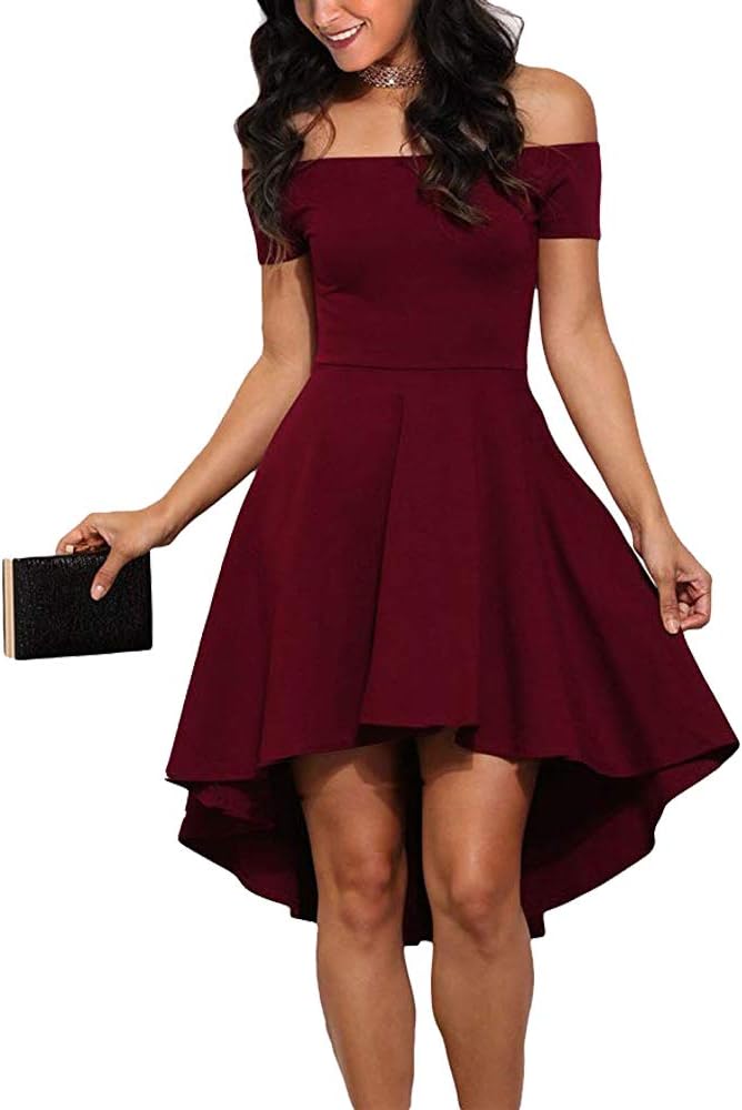 Womens Off The Shoulder High Low Hem Cocktail Skater Wedding Party Teen Formal Dresses (FBA)