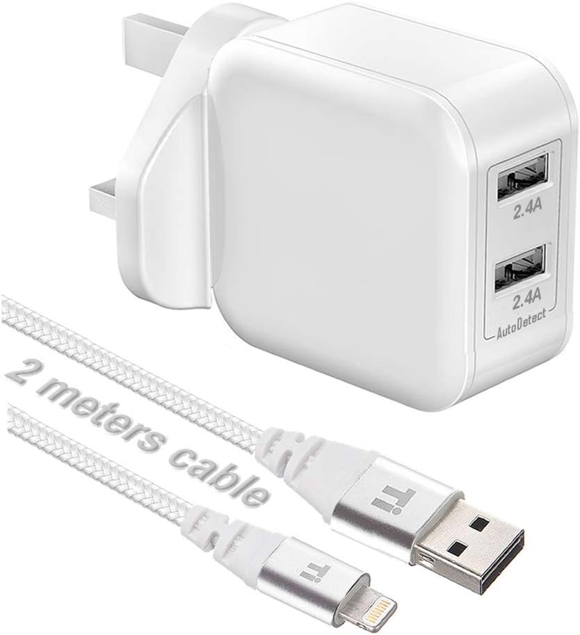InfoTechnica Dual USB 24W charger compatible with iPad 4, iPad Air, iPad Pro, iPad Mini, iPhone 5, iPhone 6, iPhone 7 with 2 meters nylon braided certified Sync & Charge USB cable (White)