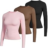 Liloak Women Double Lined Silky Shirts Pack Long Sleeve Thin Basic Tees Slim Fit Crew Neck Airy T-Shirts